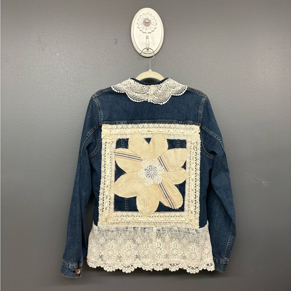 Lands’ End Denim Jacket Lace and Flower Detail